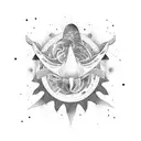 A psychedelic whale swimming through a galaxy of music notes tattoo design idea