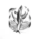 A psychedelic whale swimming through a galaxy of music notes tattoo design idea