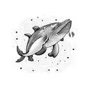 A psychedelic whale swimming through a galaxy of music notes tattoo design idea