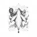 A psychedelic whale swimming through a galaxy of music notes tattoo design idea