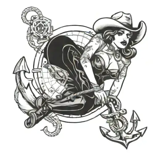 a western pinup girl with boots and cowboy hat riding an anchor tattoo design idea