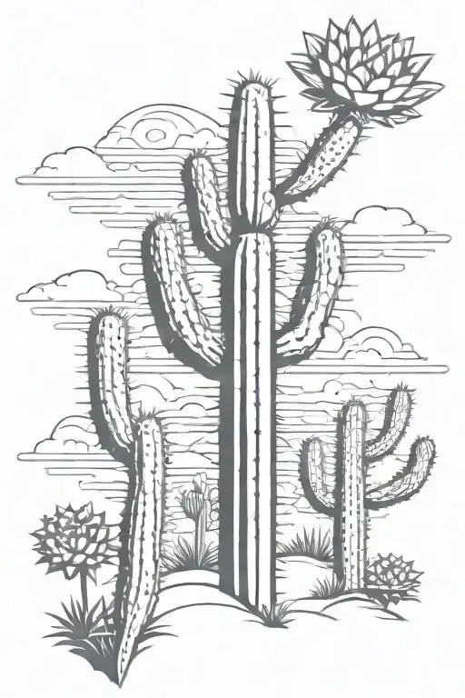 saguaro cactus, yucca, prickly pair, desert suns going to rise for a coverup tattoo tattoo design idea