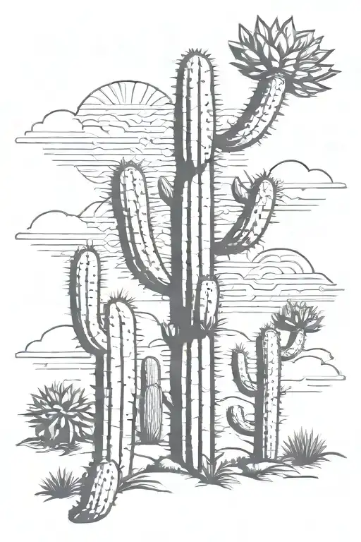 saguaro cactus, yucca, prickly pair, desert suns going to rise tattoo design idea