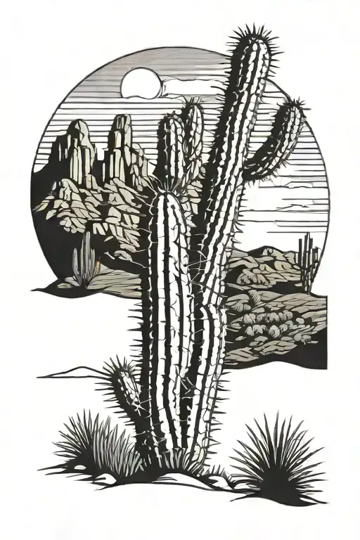 saguaro cactus, yucca, prickly pair, desert sunset, mountain tattoo design idea