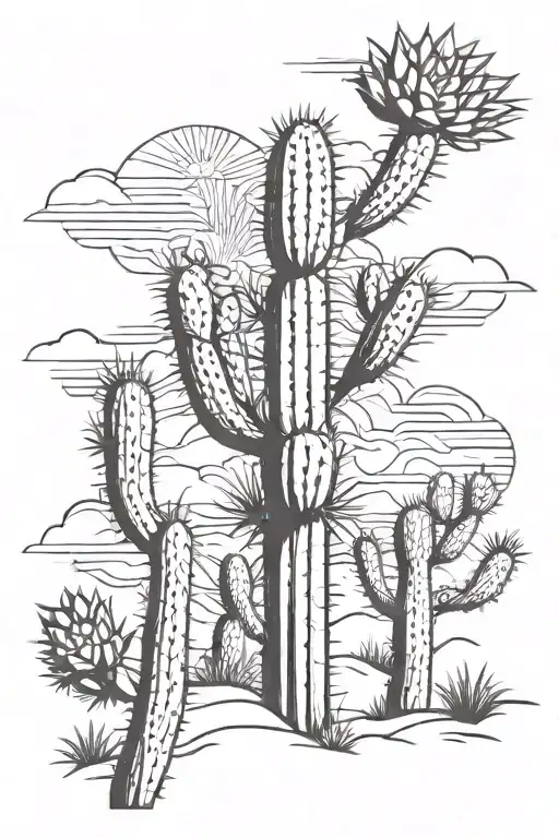 saguaro cactus, yucca, prickly pair, desert suns going to rise tattoo design idea
