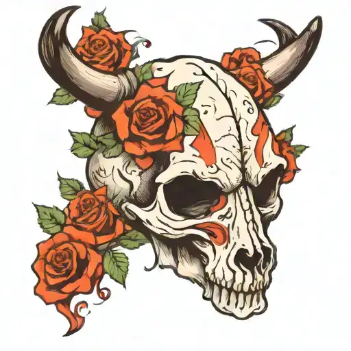 cow  scull on fire  with roses tattoo design idea