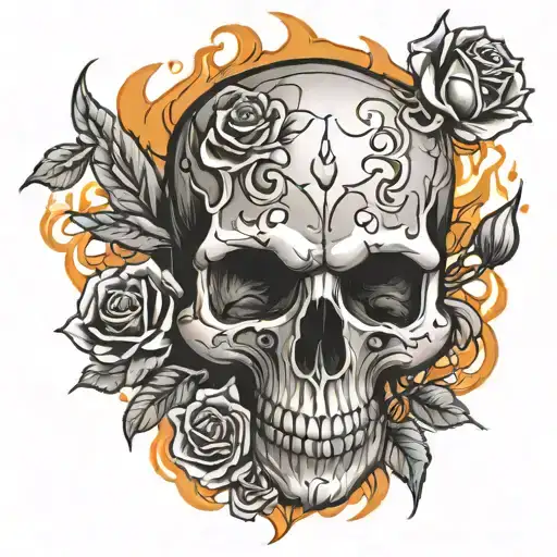 scull on fire  with roses tattoo design idea