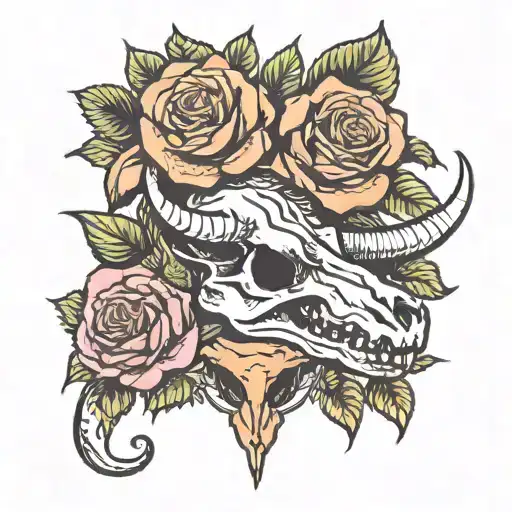 dinosour and cow skull with roses tattoo design idea