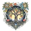 A magical tree of life intertwined with elements of nature and celestial bodies tattoo design idea