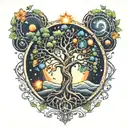 A magical tree of life intertwined with elements of nature and celestial bodies tattoo design idea