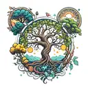 A magical tree of life intertwined with elements of nature and celestial bodies tattoo design idea