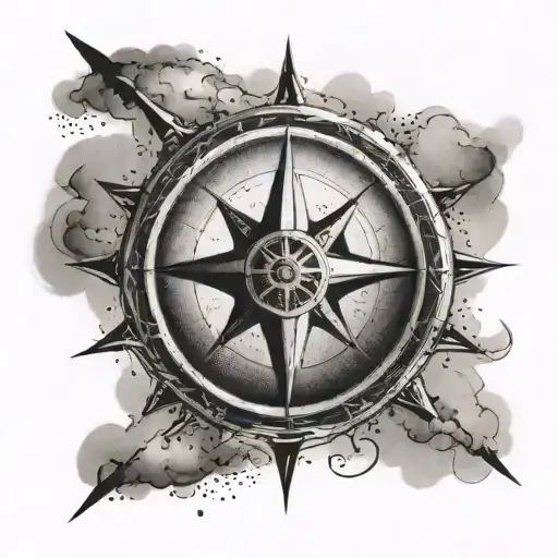 A dotwork tattoo of a compass rose with an airplane silhouette in the center tattoo design idea