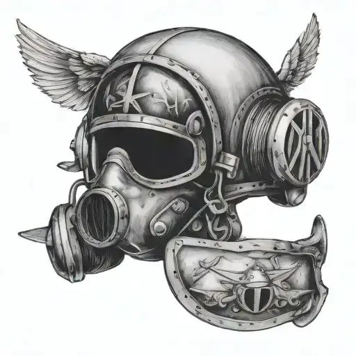 A black-grey tattoo of a pilot's helmet with wings and propellers tattoo design idea