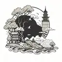 A tattoo featuring a whimsical scene from a beloved childhood movie, incorporating elements of Japanese culture and anime aesthetics. tattoo design idea