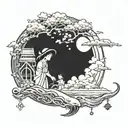 A tattoo featuring a whimsical scene from a beloved childhood movie, incorporating elements of Japanese culture and anime aesthetics. tattoo design idea