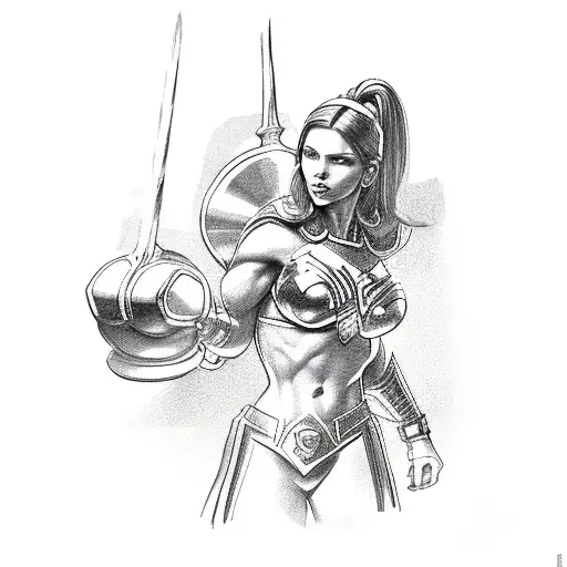 male Gladiator posing as justice woman holding an apple and a dumbell in hands tattoo design idea
