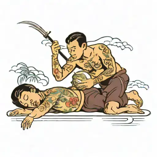 /imagine prompt: An American Traditional tattoo of a beautiful Thai woman massaging the back of a man who is lying face  tattoo design idea