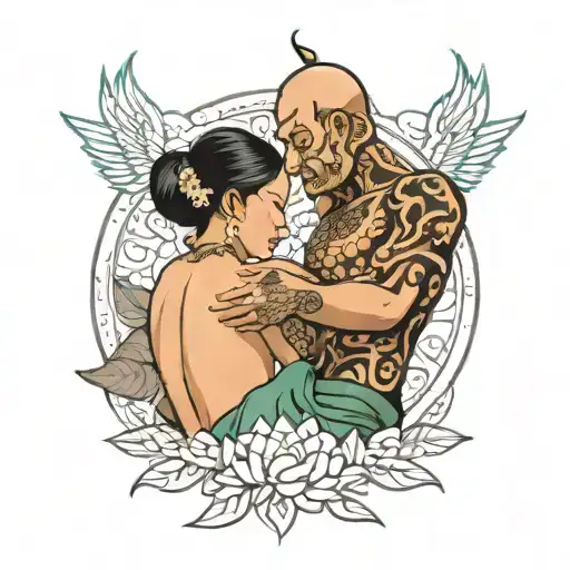 /imagine prompt: An American Traditional tattoo of a beautiful Thai woman massaging a man's back. The woman has intricat tattoo design idea