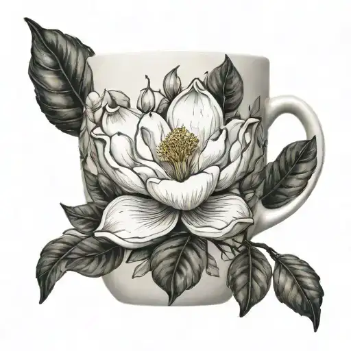 SIngle coffee mug wit a magnolia flower tattoo design idea