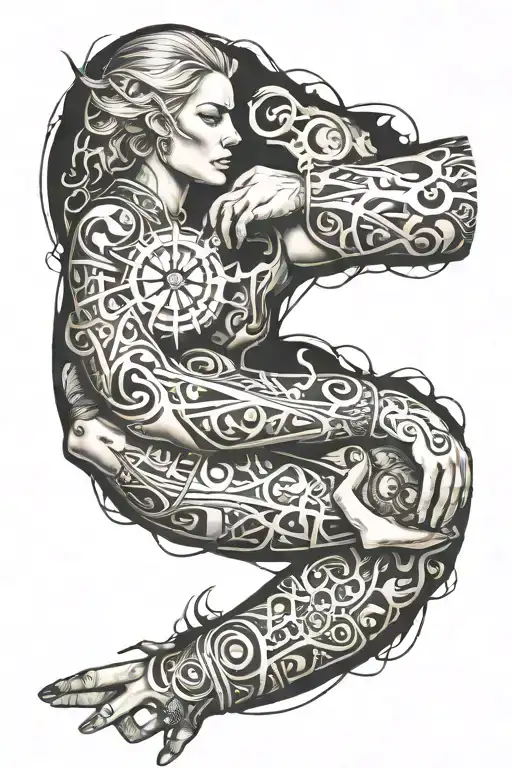 arm sleeve tattoo, techno matrix and druidic merged tattoo design idea