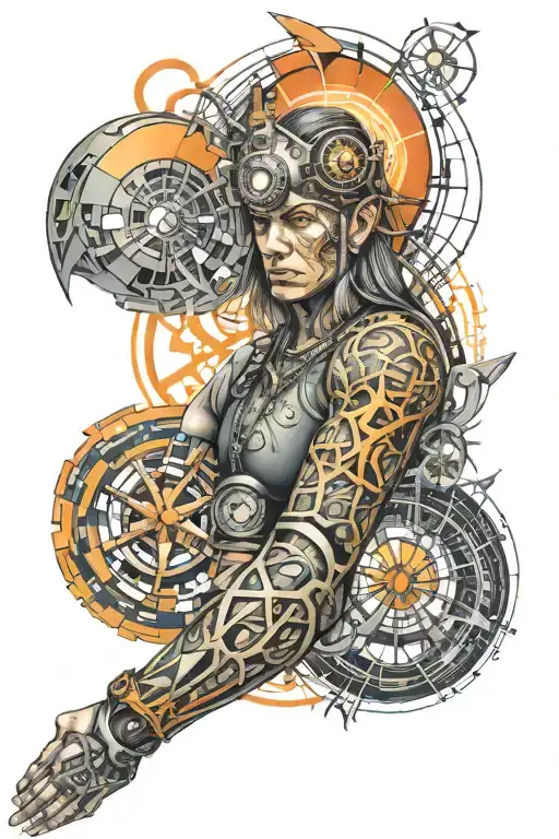 arm sleeve tattoo, techno matrix and druidic merged tattoo design idea