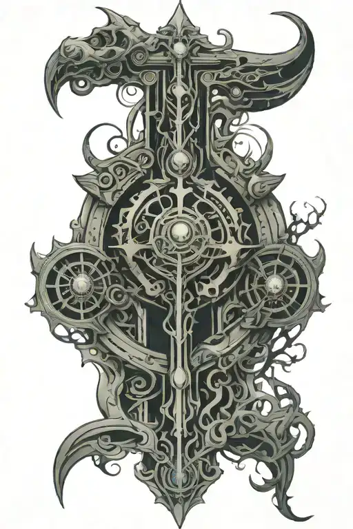 arm sleeve tattoo, techno matrix and druidic merged tattoo design idea