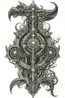 arm sleeve tattoo, techno matrix and druidic merged tattoo design idea