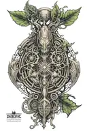 arm sleeve tattoo, techno matrix and druidic merged tattoo design idea