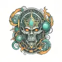 arm sleeve tattoo, techno matrix and druidic merge tattoo design idea