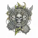 arm sleeve tattoo, techno matrix and druidic merge tattoo design idea