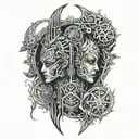 arm sleeve tattoo, techno matrix and druidic merge tattoo design idea