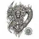 arm sleeve tattoo, techno matrix and druidic merge tattoo design idea