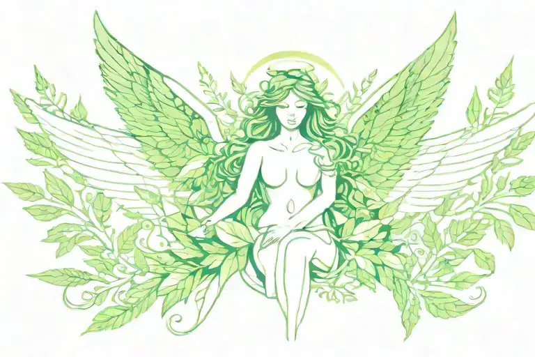 Angel with white wings made of marijuana leaves, merging heavenly shape with natural green tones. tattoo design idea