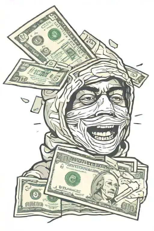 ski mask biting handful of money tattoo design idea