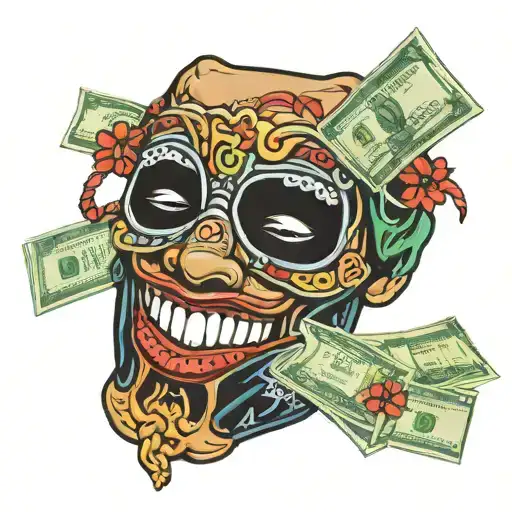 ski mask taking a bite out of a handful of money tattoo design idea