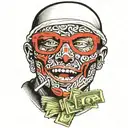 ski mask taking a bite out of a handful of money tattoo design idea