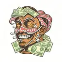 ski mask taking a bite out of a handful of money tattoo design idea