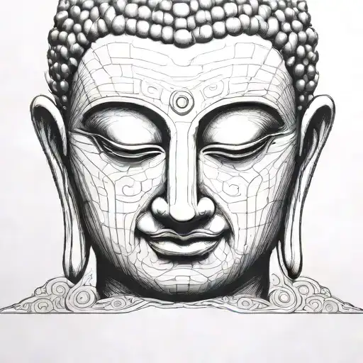 Buddha's eyes, a red line on top of it, a spell, black and white, without shadows and face, bigger tattoo design idea