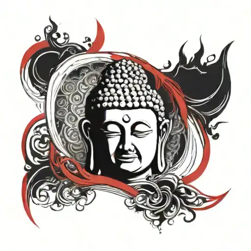 Buddha's eyes, a red line on top of it, a spell, black and white, without shadows tattoo design idea