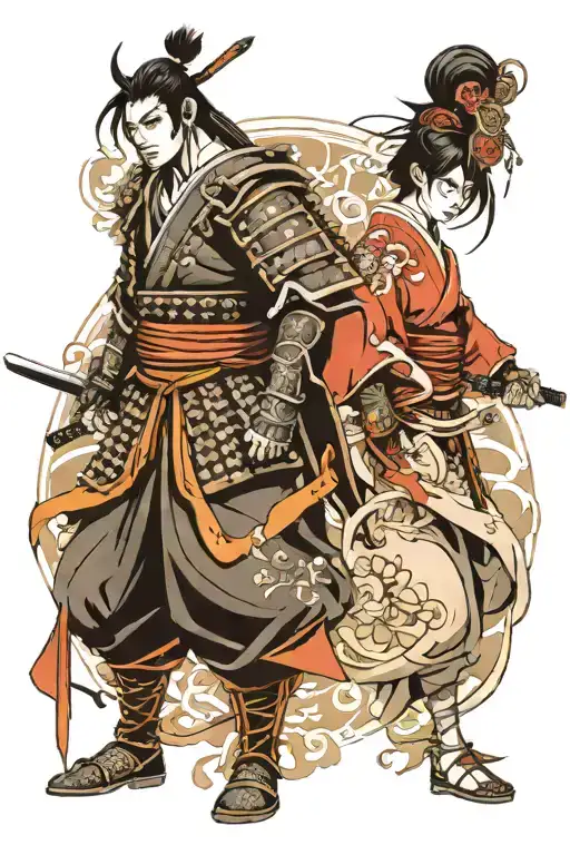 a samurai warrior and a japanese woman back to back tattoo design idea
