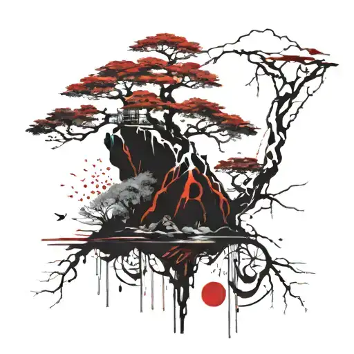 bonzai tree with a waterfall flowing tattoo design idea