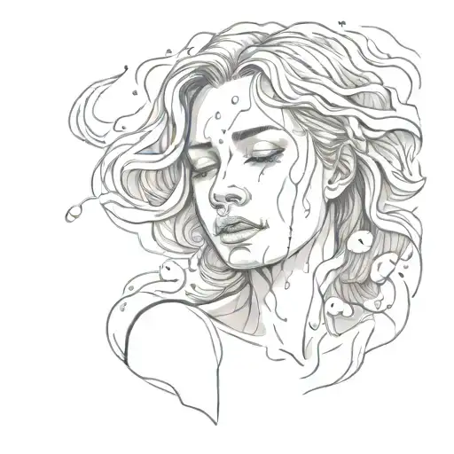 a crying blurry faced woman in the water on the rocks tattoo design idea