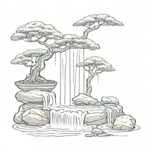 bonsai tree and a waterfall with the sun   tattoo design idea