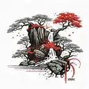 bonzai tree with a waterfall flowing tattoo design idea
