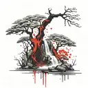 bonzai tree with a waterfall flowing tattoo design idea