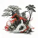 bonzai tree with a waterfall flowing tattoo design idea
