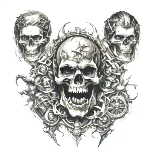 sleeve in the style of realism with the display of war, excitement, vicious life and guilt for all sins tattoo design idea