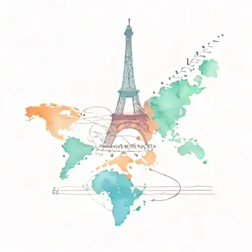 A map of the world with dotted lines connecting various landmarks, including the Eiffel Tower in Paris, all done in a dotwork style tattoo design idea