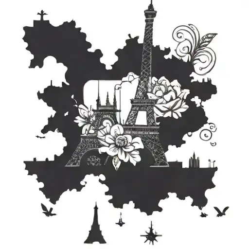 A detailed map of Paris with intricate floral patterns intertwined throughout, incorporating a small French bulldog peeking out from behind the Eiffel Tower tattoo design idea