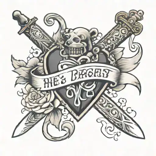 dagger and heart with 3 names banner and the words he who has a whybto live for can bear any how  tattoo design idea